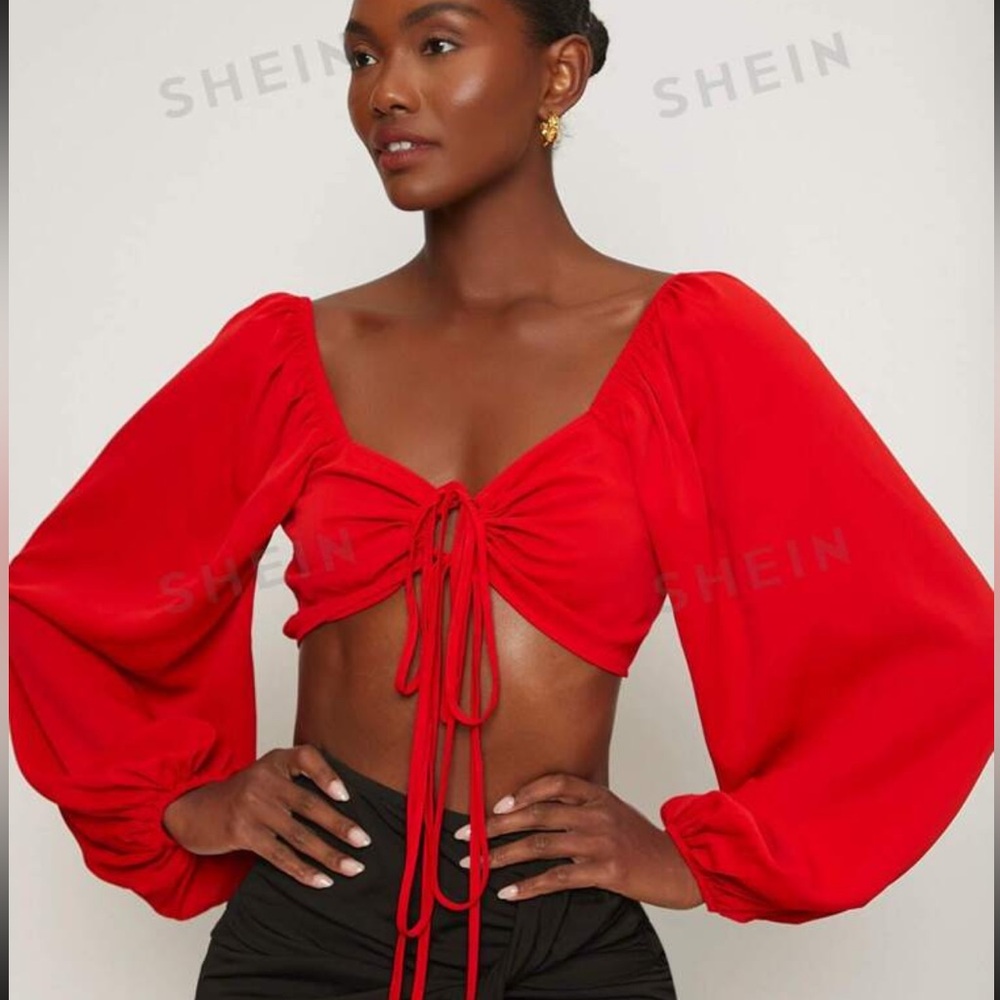 SHEIN | knot front lantern sleeve crop top